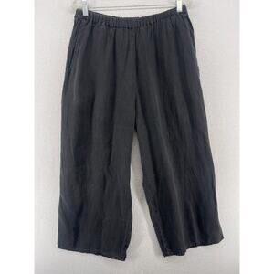 FLAX Pants M Jeanne Engelhart Linen Cropped Wide Leg Elastic Waist Black